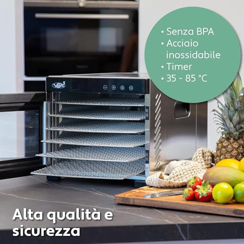 Vita5 Food Dryer with 6 Stainless Steel Trays – Fruit and Vegetable Dryer 24 Hours Timer – Food Dehydrator Adjustable Temperature 35-75 °C – 650 W Home Dryer in Stainless Steel