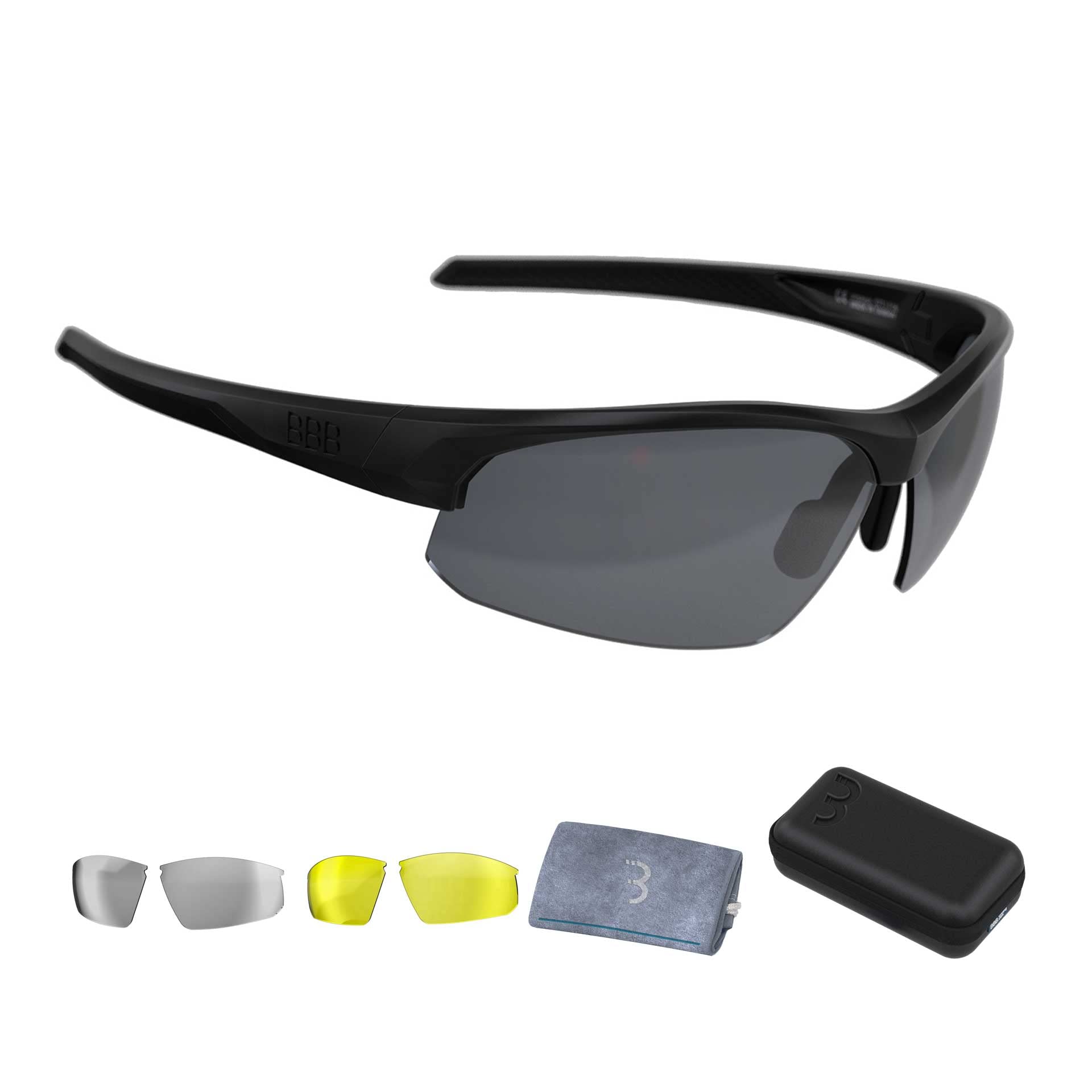 BBB Cycling Biking Glasses Cycling Sunglasses With Travelcase Sport Glasses Polycarbonate Frame 3 changeable lenses Impress BSG-58T, Matt Black