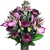 Burgundy Rose and Stargazer Lily Silk Flower Bouquet with Stay-In-The-Vase® Design Flower Holder(LG1003)