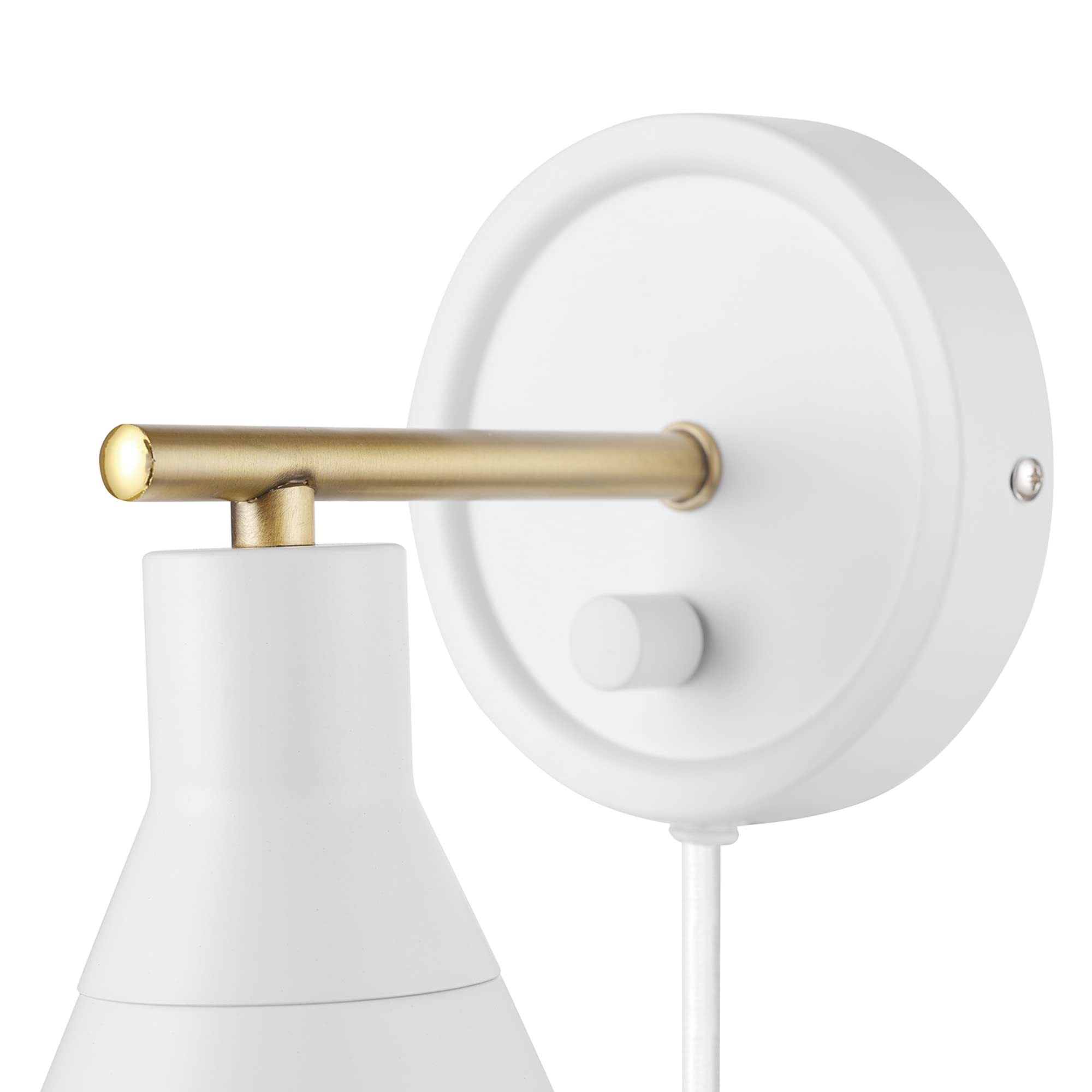 Globe Electric 65542 1-Light Dimmable Plug-in or Hardwire Wall Sconce, Matte White, Brass Accent, Stepless Dimming Rotary Switch on Canopy, White Fabric Cord, Wall Lighting, Bulb Not Included