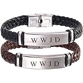 2 Pack Dainty Braided Leather WWJD Bracelet for Men Women Inspirational Religious Reminder Jewerly Gift for Him Her