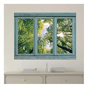 Vintage Teal Window Looking Out Into a Green Forest and The Sky - Wall Mural, Removable Sticker, Home Decor - 24x32 inches