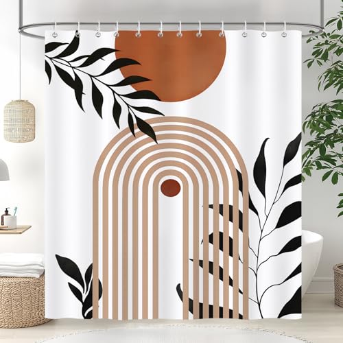 COZZSNUGE Modern Boho Shower Curtain, Abstract Orange Middle Ages Sun Arch Leaves 72 x 72 Inch Polyester Waterproof Mildew Resistant with 12 Hooks