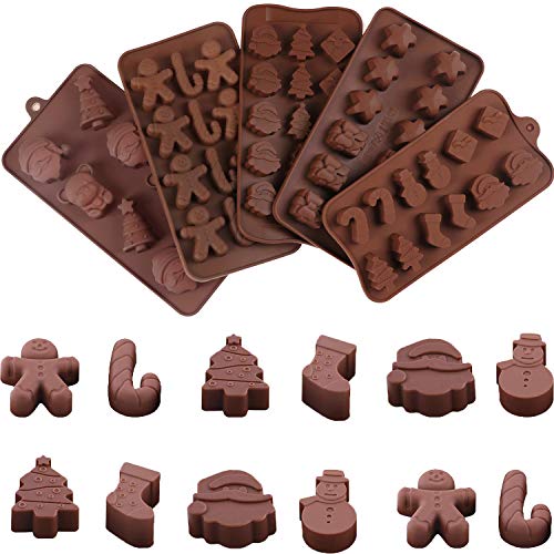 5 Pieces Christmas Silicone Molds, Candy Mold for Chocolate Melts, Cakes, Jelly, Ice Cube, Various Christmas Themed Shapes 3D Silicone Molds for Most Party Cake Decoration - Thumbnail 3