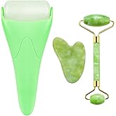 AECW 3-in-1 Natural Jade Roller and Gua Sha Set for Face and Eye Ice Roller Facial Cooling Massage Roller (Green Ice Roller + Jade Roller + Gua Sha)