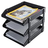 3 Tier Leatherette Desktop Document Organizer Trays, File Folder Storage Rack, Black