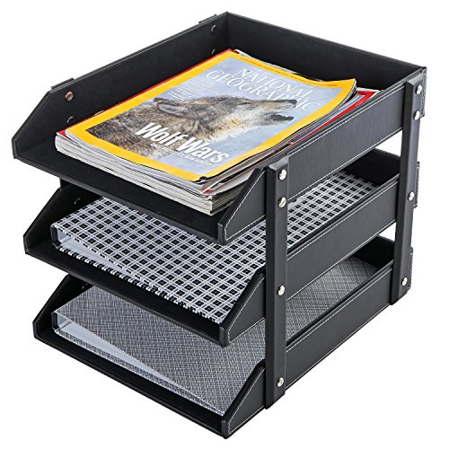 3 Tier Leatherette Desktop Document Organizer Trays, File Folder Storage Rack, Black
