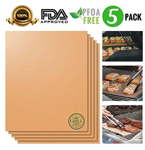 Copper Grill Mat Set Of 5 | 100% Non-stick BBQ Grill And Bake Mat | Heat Resistant | Reusable And Easy To Clean | Includes A FREE EBook | Grilling Made Simple | FDA-Approved, PFOA Free - 15.75 X 13