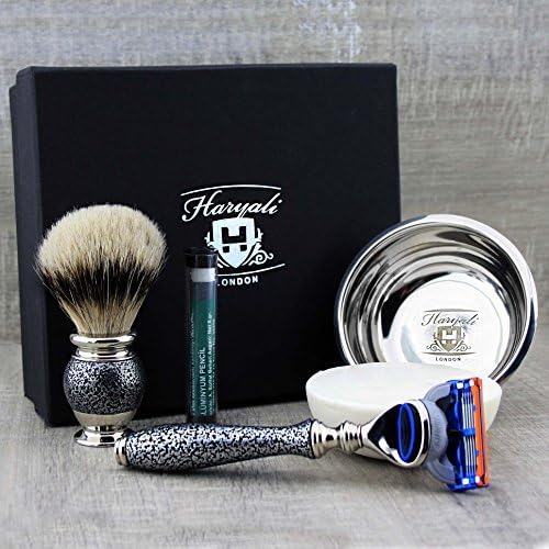 Haryali London Shaving Kit, 5pc Shaving Brush Set, Silver antique, Shaving Set, Badger Shaving Brush