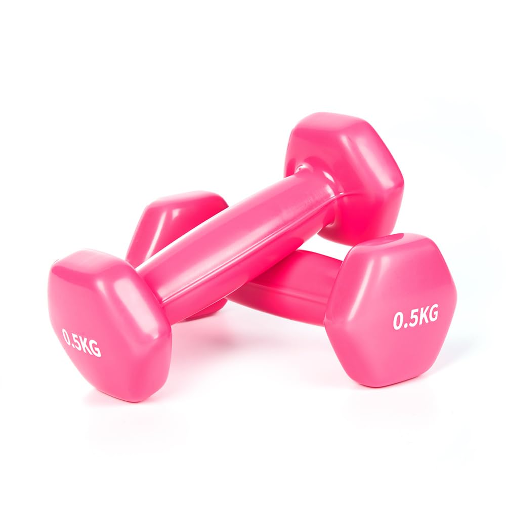Set of 2 vinyl dumbbells, short dumbbells with vinyl surface, weight variants 2 x 0.5 kg to 2 x 3 kg, for gymnastics, aerobics, fitness, Pilates, strength training (Pink 2 x 0.5kg)
