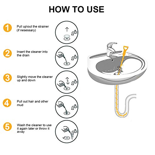 5 Pack Drain Clog Remover, Plastic Drain Snake Hair, Multi-tooth Drain Cleaning Tool, 20Inch Drain Cleaner Removal, Sink Bathtub Tube Hook Catcher with 2pcs Color Random Drain Plugs