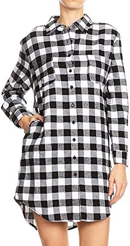 Women's Boyfriend Style Plaid Checkered Flannel Tunic Shirt Small White/Black