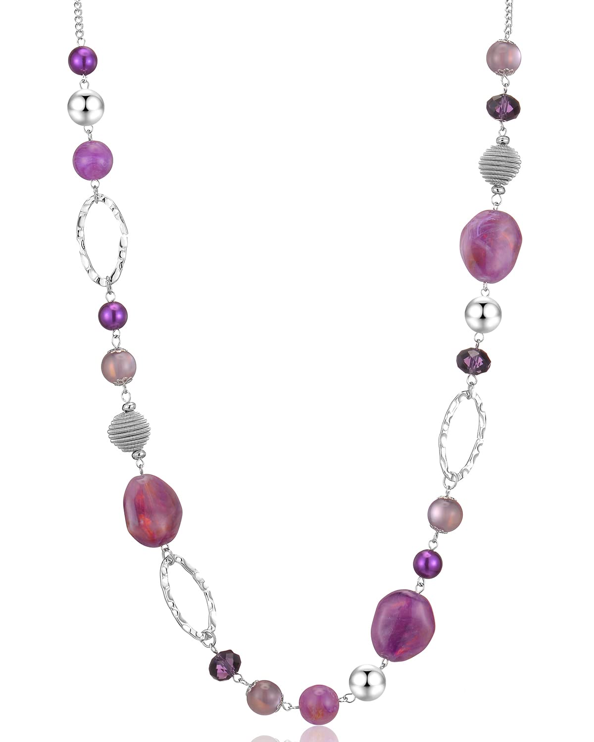 BULINLIN Beaded Long Silver Necklaces for Women, Handmade Statement Sweater Chain Necklace with Crystal Beads for Fashion Jewelry gifts(Purple)