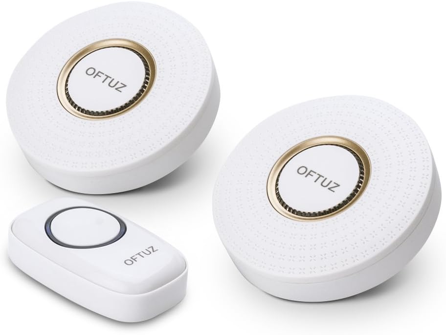 OFTUZ Wireless Doorbell with 1 Push Button (Battery included) and 2 plug-in Receivers, Waterproof Chime Kits Operating at 900ft and 4 Level High Volume LED Indicator for Home Business