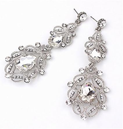 Vintage Earrings, Muranba Women's Vintage Inspired Crystal Floral Hollow Teardrop Chandelier Pierced Dangle Earrings (Clear)