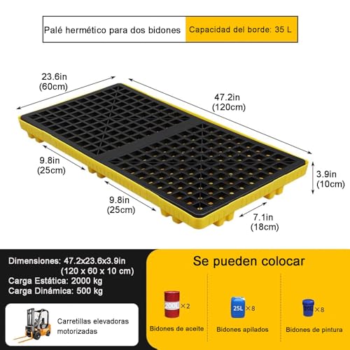 HJZALMI Plataforma Contención Derrames Industrial, Tarima Antiderrames De Plástico 2 Tambos, Bandeja Derrames Modular Paleta Rejilla Y Bolsillos Montacargas,Sumidero De 35L, 47.2x23.6x3.9in