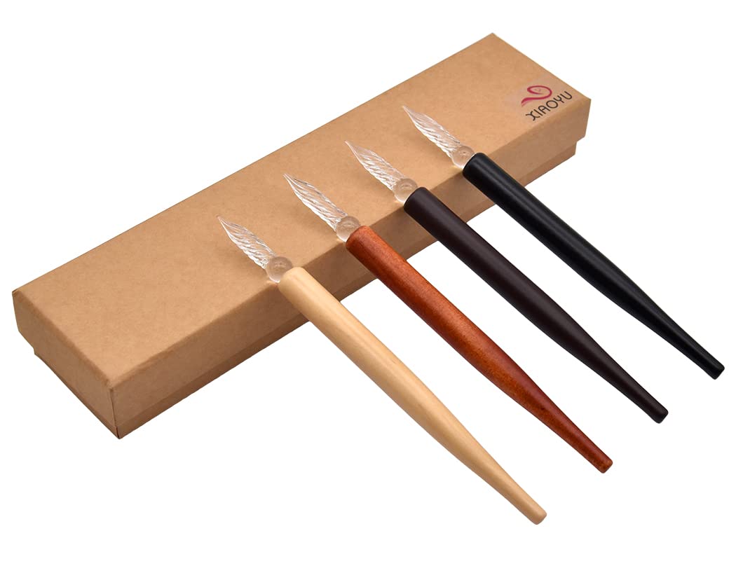 XIAOYU 4PCS Handmade Glass Wooden Dip Pen, Calligraphy Pen for Art Signatures Calligraphy Drawing Decoration, Short(16.5CM)