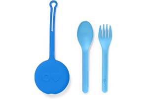 Omie OmieBox Kids Utensils Set with Case - 2 Piece Plastic, Reusable Fork and Spoon Silverware with Pod for Kids (Blue)