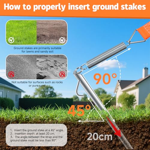 Storm Strap for Awning & Awning - 5 cm Wide Webbing, 38 cm Ground Anchor, Storm Protection Awning, Storm Bands for Awnings, Guy Straps Awning Motorhome, Guy Ropes Camping with S-Hooks and T-Connectors