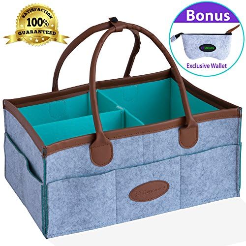 Ezpeazey Diaper Caddy Organizer Basket With Wallet Bag | Leather Handles, Smart Clip, Unisex Grey, Cute Rectangular & Portable Design | For Baby Shower Gifts, Bibs, Toys, Creams, Wipes, Cloths & More