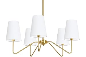 BOSCEOS 5-Light Modern Chandelier with White Shades, 30” Brass Gold Chandelier for Dining Room, Classic Pendant Ceiling Light Fixture w/ E12 Base Hanging Lamp for Living Room Hallway Bedroom Height Adjustable