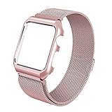 Apple Watch Band, 38mm with Metal Case Milanese Loop Magnetic Mesh Stainless Steel - Shockproof Protective Screen Bumper w Anti-scratch Soft Rubber for iWatch Sport & Edition - Rose Gold