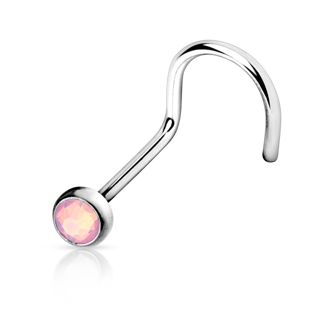 PiercedOff 316L Surgical Steel Nose Screw with Flat Pink Opalite Stone - Thickness 20GA (0.8mm) / Length 6mm / Opalite Size 2mm