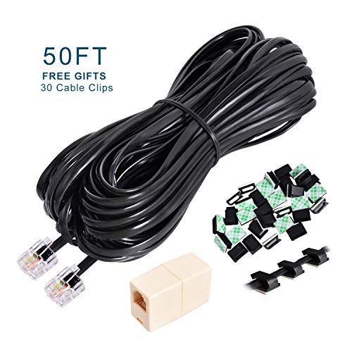 Telephone Extension Cord 50 Feet, Phone Cord Line with Standard RJ11 Plug and 1 in-Line Couplers and Cable Clip Holders, Black - Thumbnail 7