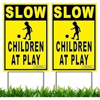 Vibe Ink Pack of 2 Slow - Children at Play Caution Yard Signs - Lawn Sign + Metal Stakes (Double Pack)