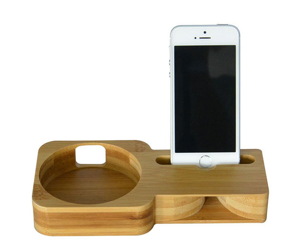 IOQSOF Speaker Stand for Echo and iPhone ,Bamboo Wood Charging Stand for Amazon Echo, Echo Plus and iPhone X/iPhone 8 and Samsung Galaxy & Most Smartphones