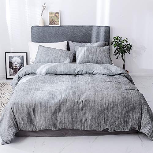 Smoofy Bedding Duvet Cover Set 3 Piece Set, Ultra Soft Brushed Microfiber Feel Like Linen, Grey, Queen