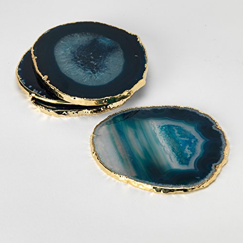 Set of 4 24k Gold Gilt-Edged Blue Agate Coasters