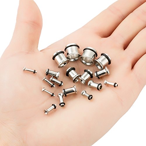 CABBE KALLO 18PCS Ear Plugs Stretching Kit Stainless Steel Gauge Tunnel Set Single Flared Expanders 14G-00G (Silvertone)
