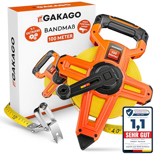 Gakago Bandmaß 100m - 3-fach übersetztes Rollmaßband mit klappbarem Hebel - Ergonomischer & rutschfester Maßband Haltegriff - Masbandrolle mit Messpun