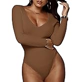 GEMBERA Women's Deep V Neck Long Sleeve Bodysuit Ribbed Knit Bodycon Basic Bodysuit Tops