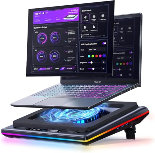 llano V12 Ultra Laptop Cooler Cooling Pad with Intelligent Software Control，RGB Gaming Laptop Cooler Intelligent Temperature Control 5.5 inch Turbo Fan, 3 USB 3.0 Ports for 15.6-21 inch Laptops.