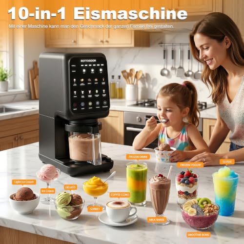 ROTTOGOON Ice Cream Maker with 3 Cups, 10 Programmes for Ice Cream, Sorbet Gelato & Frozen Yogurt, 2-in-1 Flavour Option, Soft Ice Cream Machine for Home with Mix In Function & Automatic Cleaning