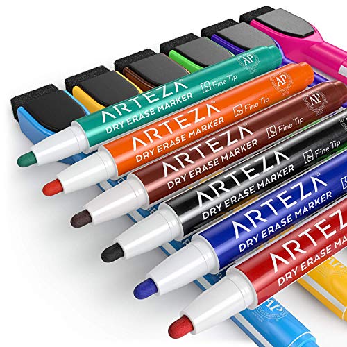 ARTEZA Dry Erase Markers with Eraser, Pack of 60, Fine Tip, 12