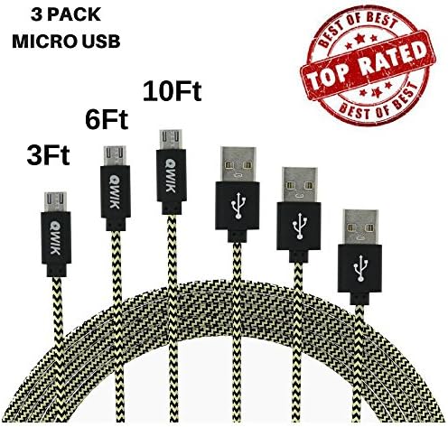 3Pack 3FT 6FT 10FT Long Micro USB Cable, High Speed Nylon Braided Micro USB Fast Charging Cord & Data Transfer Android Charger for Samsung Galaxy S7/S6/S5/Edge,Note 5,HTC,LG(Black Gold)