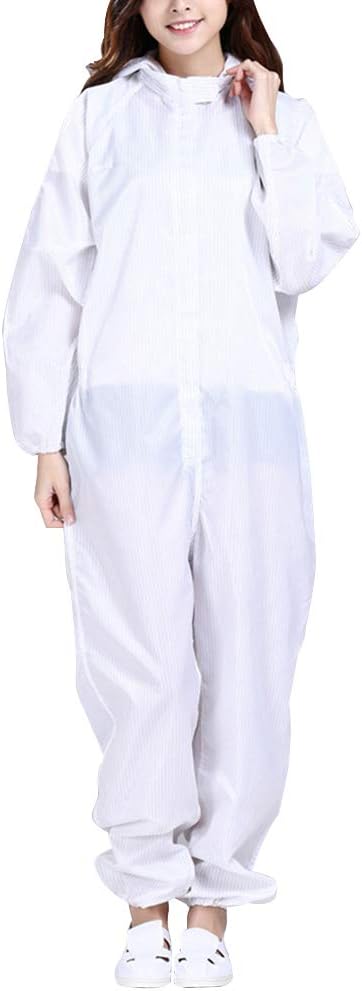 Washable & Reusable Protective Gown Coveralls with Hood - Anti-Static Dustproof Clothing Suit for Men Women (L,white)