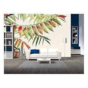 Beautiful Green red Leaves. Tropical Leaves on Light Background. Autumn Fall Nature - Removable Wall Mural | Self-Adhesive Large Wallpaper - 66x96 inches