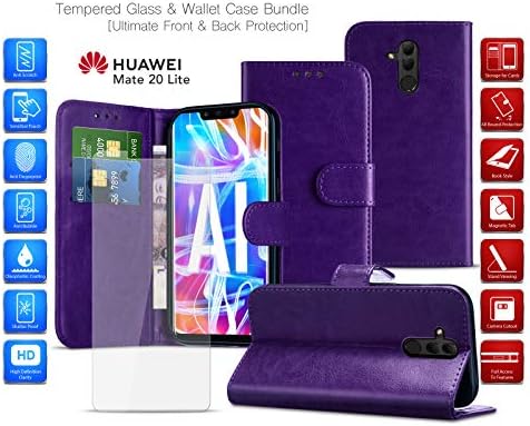 MobiBax Tempered Glass Screen Protector and Wallet Phone Case for Huawei Nova 3i (2018) INE-LX2 - Fingerprint Sensor Scanner, Card Slots and Magnetic Closure Tab Features in DARK PURPLE