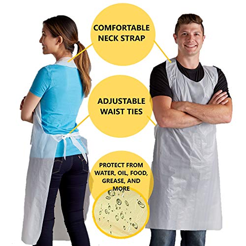 Disposable Poly Aprons 100 pack 28 X 46 inches Large White Protective Apron for Commercial or Household Use - Throw Away for Hair Salon Spa or Art Studio