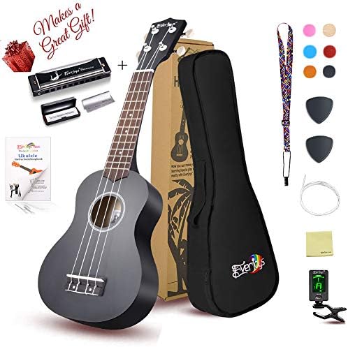 Soprano Ukulele Beginner Pack-21 Inch w/ Gig Bag Fast Learn Songbook Digital Tuner All in One Kit (Black color)
