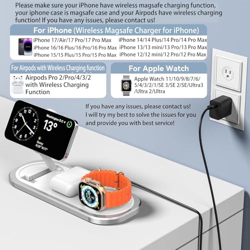 Cargador inalámbrico 3 en 1, estación de carga plegable para Magsafe para iPhone 17/Air/16/15/14/13/12 Serie, Apple Watch 11/10/9/8/7/SE 3/SE 2/SE/6/5/4/3/2/1/Ultra 3/Ultra 2/Ultra, AirPods pro/2/3/4