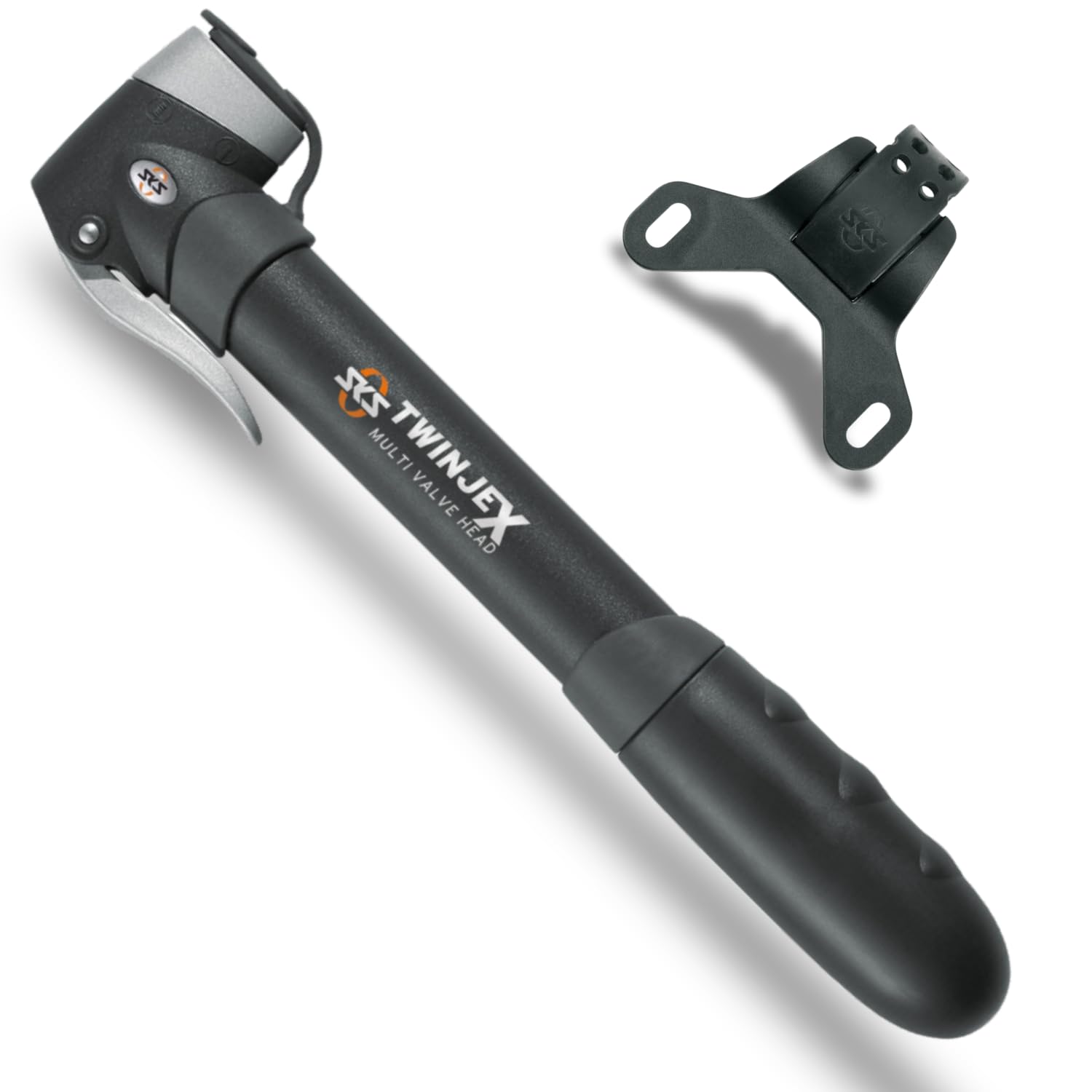 SKS GERMANY TWINJEX mini pump, air pump bike with pump holder (plastic, valve connection: AV, SV, DV and MULTI VALVE, pressure max.: 10 bar / 144 PSI, dust protection cap, telescopic function), Black