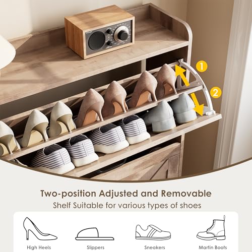 Nicetree Shoe Cabinet with 2 Flip Drawers, Narrow Shoe Storage Cabinet with Metal Legs, Farmhouse Slim Shoe Organizer Cabinet for Entryway, Hallway, Foyer, Toasted Oak