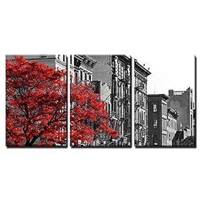 3 Piece Canvas Wall Art - Red Fall Tree in Black and White NYC Street Scene - Modern Home Art Stretched and Framed Ready to Hang - 16"x24"x3 Panels