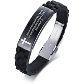Religious Quote Faith Christian Bible Verses Inspirational Powerful Scripture ID Wristband Cross Silicone Bracelets, God Bracelet Gift Idea for Men, gift for him for love husband father boys