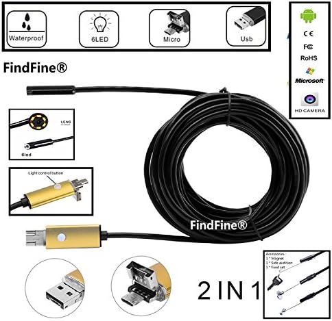 Gold 10m 32.8ft Cable 5.5mm Lens 2 In 1 Dual Usb Android Smartphone HD Endoscope Inspection Camera Ultra Slim 6 LEDs IP67 Waterproof Snake Borescope Mini USB Inspection Camera FindFine®